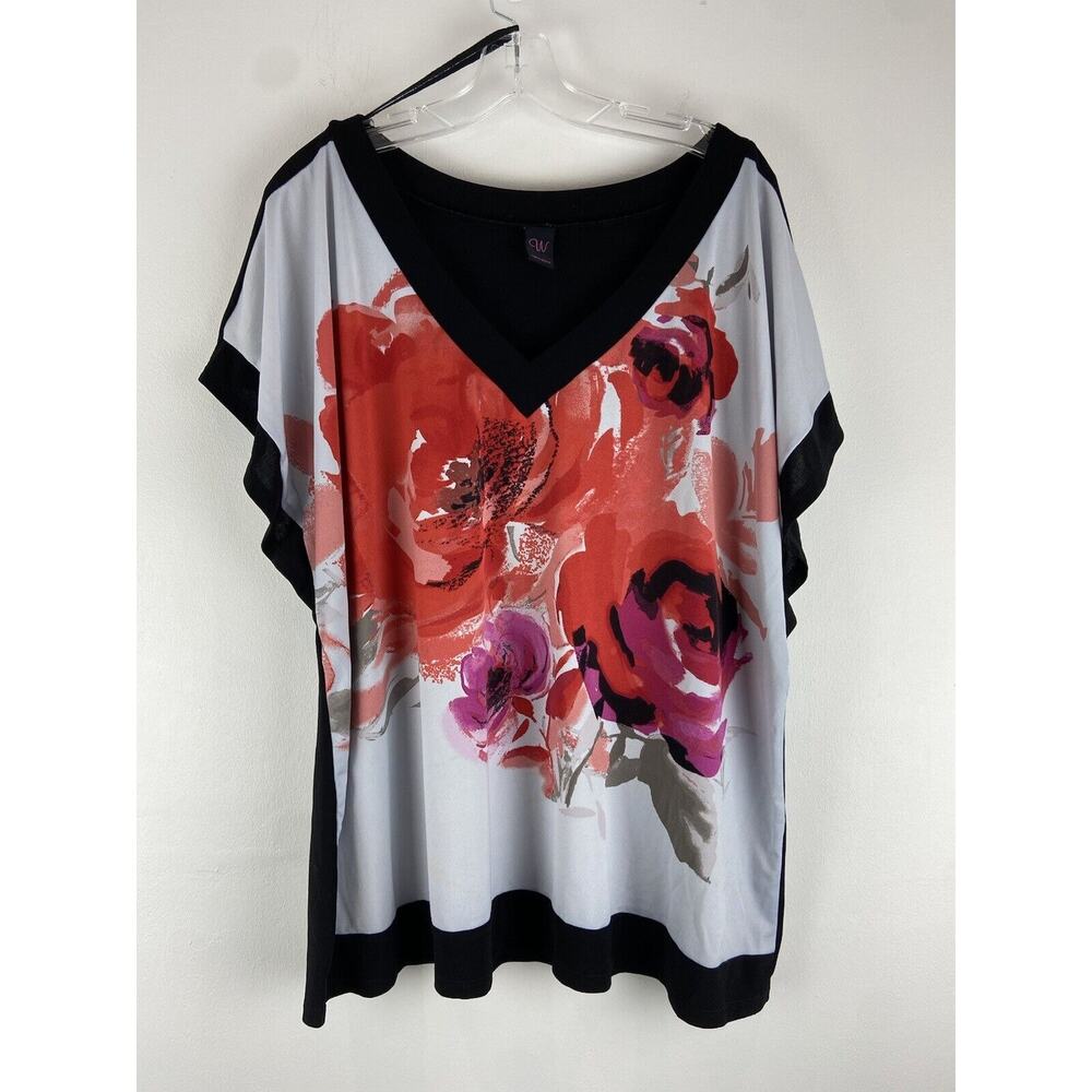 W Wrapper Black White Floral Short Sleeve Tunic Top Size 2X (948)